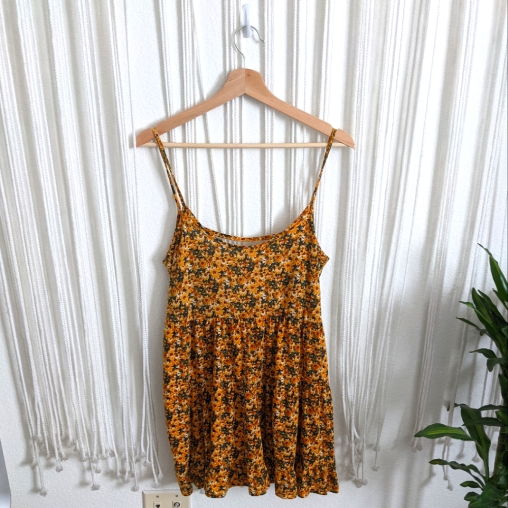 Sunflower print tiered mini dress